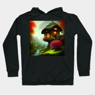 Sparkling Fantasy Cottage with Lights and Glitter Background in Forest, Scenery Nature Hoodie